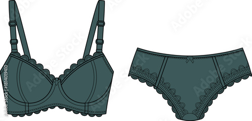 Dark Green Women's Lingerie Set Technical Fashion Sketch with Scalloped Edge Bra and Panties Isolated on White Background for Underwear Design Projects
