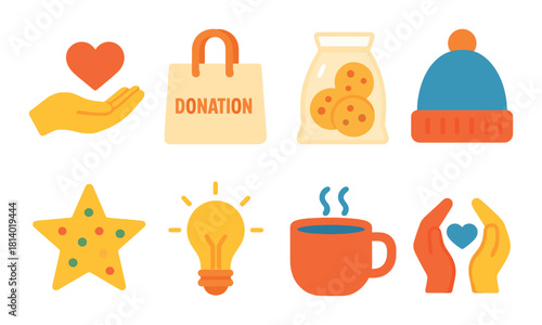 Neon symbols of charity and care: heart, donation, cookies, beanie, stars, lightbulb, coffee, hands