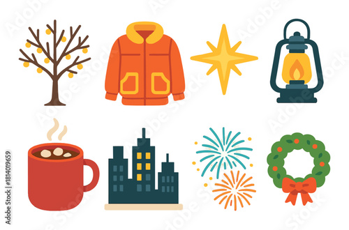 Winter icons: cozy jacket, hot drink, festive decorations, lamp, tree, fireworks, cityscape