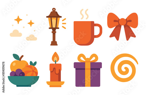 Festive icons: lantern, coffee mug, bow, candle, gift, fruits, spiral, night sky
