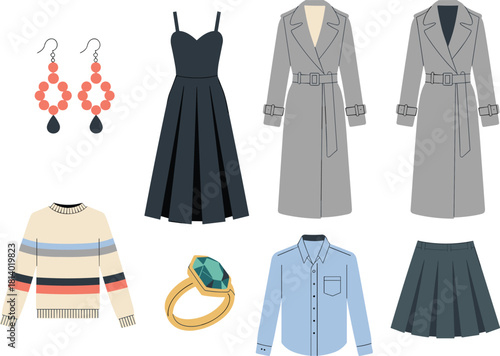 Fashion clothing and accessory set, stylish wardrobe illustration, elegant outfit elements, trendy apparel design pack, modern garment collection, vector fashion flat lay