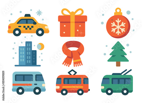 Colorful holiday icons with vehicles, gift, ornaments, scarf, and tree on striped background