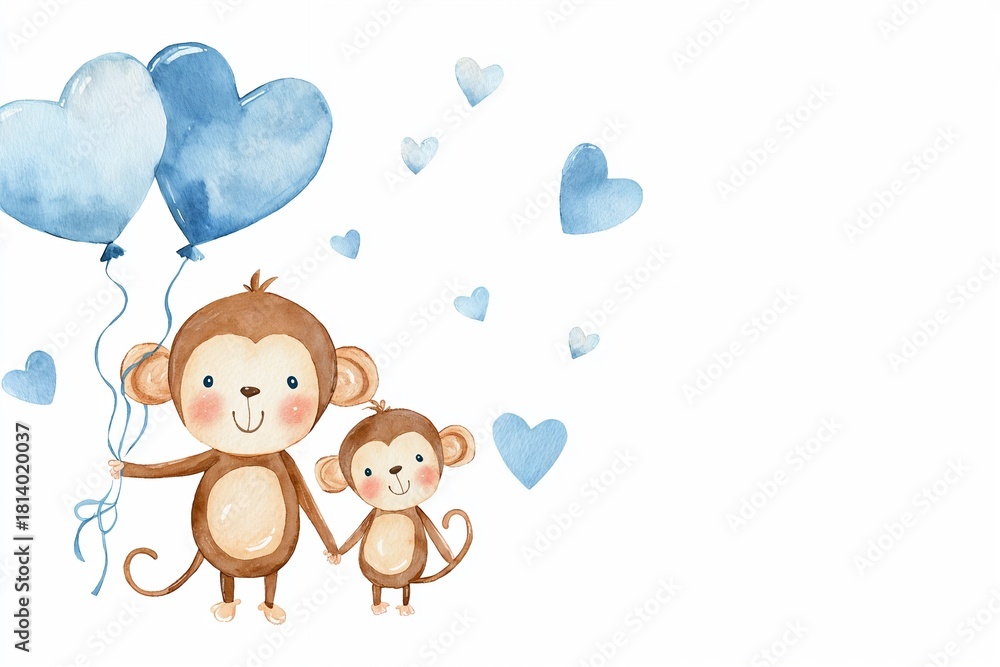 Fototapeta premium Cute monkeys holding hands with heart balloons