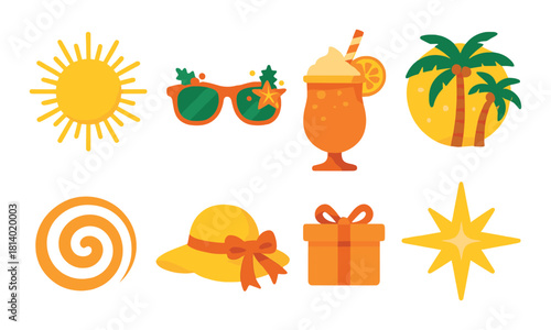 Vibrant summer icons: sun, drinks, palm trees, hats, gifts