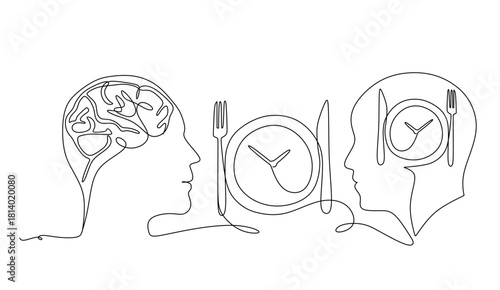 continuous stylized modern drawing of a human head and Plate with o clock, fork, knife, thinking about food. Time to eat.