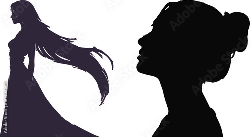 Silhouette of Two Women with Flowing Hair and Updo