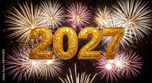 Golden 2027 Numbers Illuminated by Vibrant Fireworks Display.