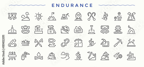 Endurance icon set. Hike line icon set. Thin outline icons pack. Included campfire, trip, camp, adventure, outdoor and more. Pictogram and infographic.