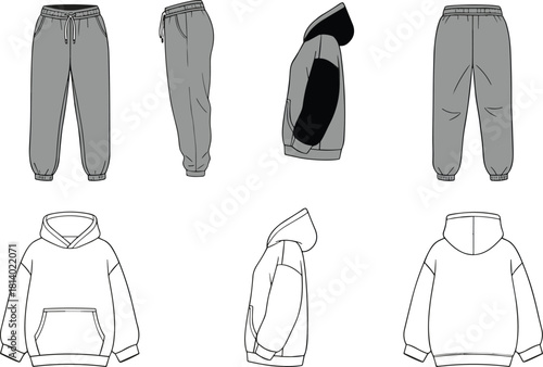 Sweatpants and hoodie illustration set, black white views, front side back, garment sketch, fashion template, apparel design, casual wear, clothing layout