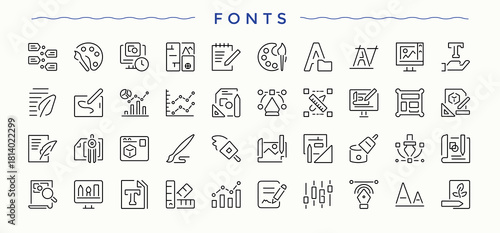 Fonts modern icon set. Creative linear icon set. Contains related to illustration, drawing, art, design, graphic, tool, creative and more. Editable stroke collections.