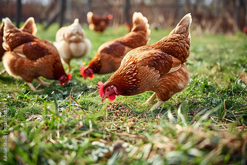Fototapeta premium Free range hens feeding in green grass