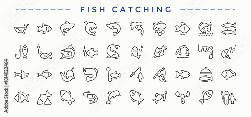 Fish Catching icon set. Catching Fish perfect for logos and infographic. Vector outline icons collection. Catch related icon set. Editable stroke. Vector illustration.