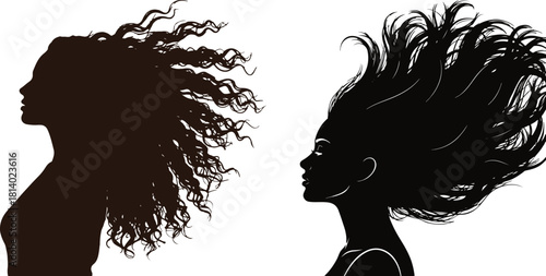 Silhouette Profile of Women with Flowing Hair on White