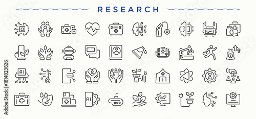 Research line icon set. Icons for UI designs. Contains related to magnify, investigate, data, explore, magnifying. Editable stroke collections. Magnify line icon set.