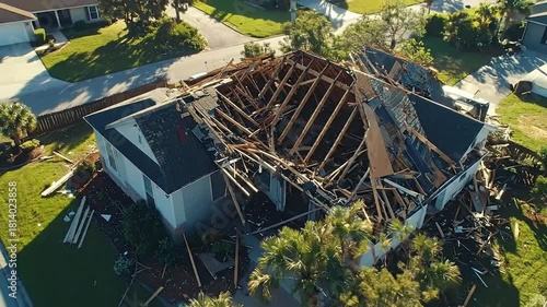 Drone footage captures extensive roof damage and structural collapse of a residential home after a severe weather event
