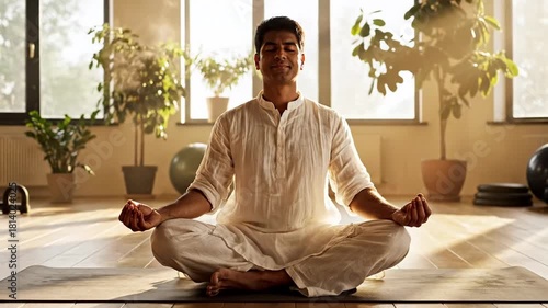 Meditative man in serene yoga pose, peaceful morning light fills the room, calming indoor space for mindfulness practice