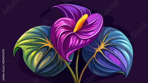 Very beautiful vibrant purple anthurium flower showcased against a dark backdrop, highlighting its glossy heart-shaped spathe and striking yellow spadix, creating a dramatic and elegant tropical compo