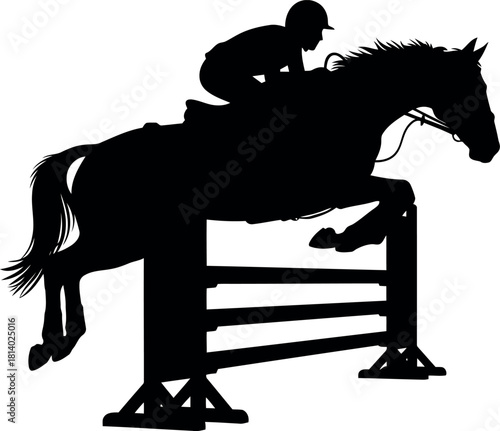 Equestrian silhouette horse jumping over obstacle
