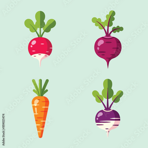 Four flat design root vegetables on light blue background