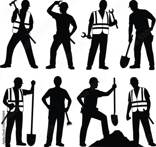 Silhouettes of construction workers with tools, safety gear, and industrial poses for building, labor, teamwork, and occupational vector themes.