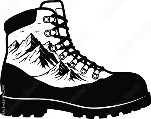 Stunning hiking boot design with mountain vista, perfect for outdoor adventure brands and nature-themed promotions, inspiring wanderlust and exploration