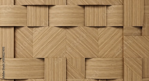 Fototapeta Naklejka Na Ścianę i Meble -  Light brown wooden surface with a 3D geometric pattern resembling basket weaving featuring diverse wood grain directions and distinct shadows