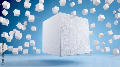 Fototapeta Naklejka Na Ścianę i Meble -  Abstract 3D illustration of a textured white cube surrounded by floating geometric shapes, creating a dynamic visual effect against a vibrant blue background, symbolizing creativity and innovation