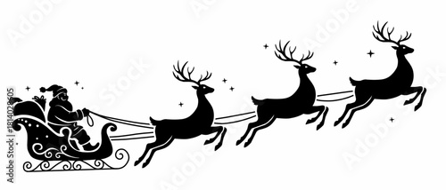 Black silhouette of Santa Claus riding his sleigh pulled by three flying reindeer, a classic design element for Christmas night and holiday projects