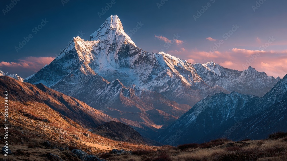 Obraz premium Panoramic view to Ama Dablam summit and snow peaks glowing after sunset in Nepal, captures the natural beauty and serenity of the Himalayas