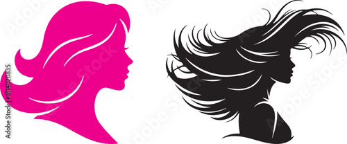 Silhouette Profile of Women with Flowing Hair on White Background