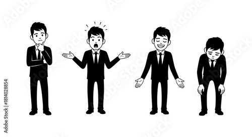 Office Man Silhouette Vector Showing Emotional Expressions — Thinking, Surprised, Happy, Tired

