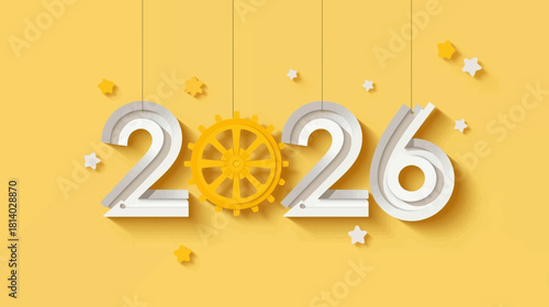 Bright yellow background celebrating the 2026 new year with hanging numbers and a festive clock