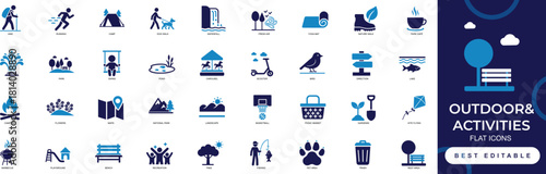 outdoor activities icon set featuring camping, sports, map, hiking, fishing, hugging, travel, adventure, navigation, and nature icons for web, apps, and infographics.