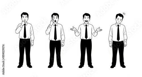 Office Man Silhouette Vector Showing Emotional Expressions — Thinking, Surprised, Happy, Tired

