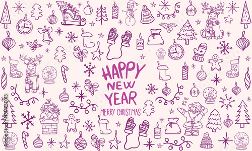 Hand drawn chalk vintage new year set. Whimsical Christmas dinner table decor candles, charcuterie, wine or champagne. Retro vintage ink holiday menu elements. La dolce vita vector illustration