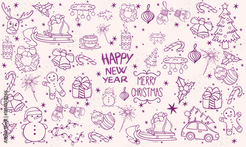 Hand drawn chalk vintage new year set. Whimsical Christmas dinner table decor candles, charcuterie, wine or champagne. Retro vintage ink holiday menu elements. La dolce vita vector illustration