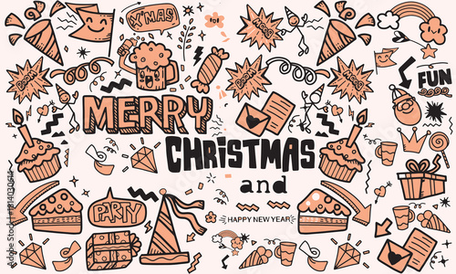 Hand drawn chalk vintage new year set. Whimsical Christmas dinner table decor candles, charcuterie, wine or champagne. Retro vintage ink holiday menu elements. La dolce vita vector illustration