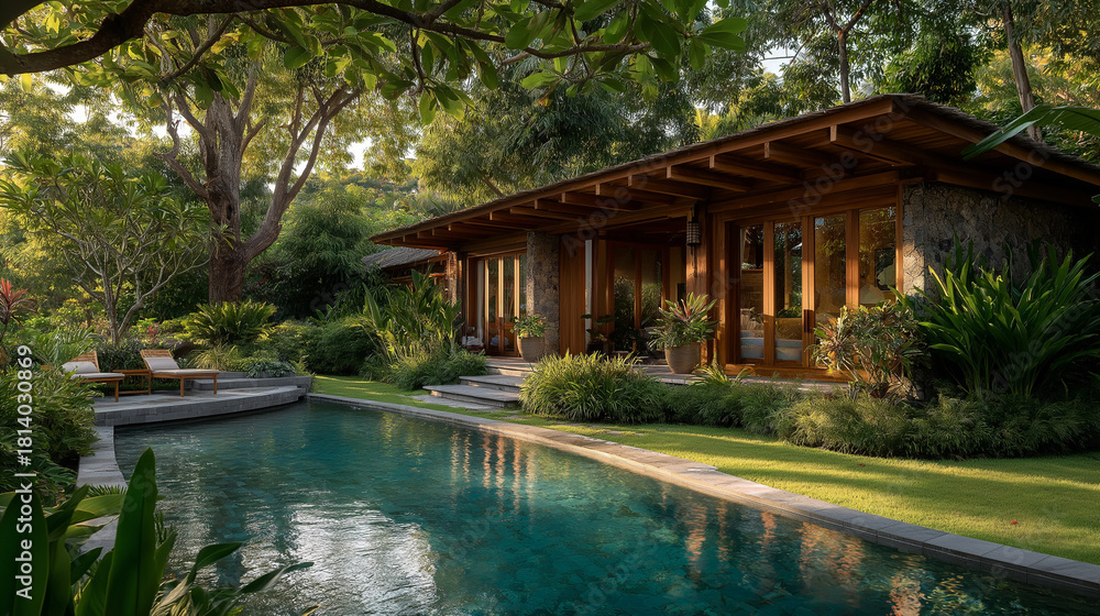 Obraz premium Luxury Home with a Pool: The home's modern architecture features wood elements, inviting anyone to swim in the pool, surrounded by vibrant greenery and offering a serene outdoor retreat. 