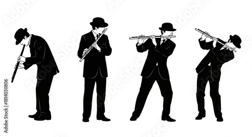 Flute Player Silhouette Vector Showing Playing Sequence — Leaning, Side Angles, Standing, Expressive Pose

