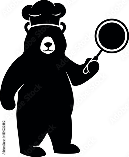 Cute bear chef with frying pan silhouette