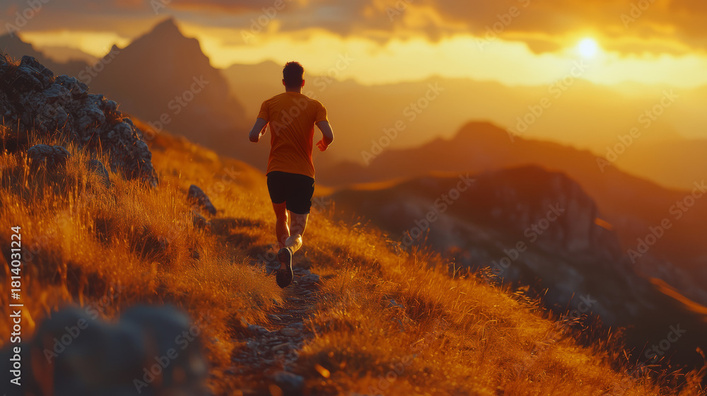 Fototapeta premium Chasing the Horizon: A Runner's Journey Through the Mountains