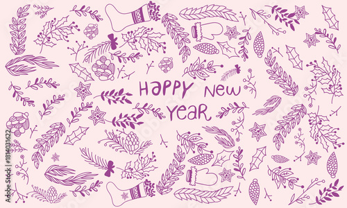 Hand drawn chalk vintage new year set. Whimsical Christmas dinner table decor candles, charcuterie, wine or champagne. Retro vintage ink holiday menu elements. La dolce vita vector illustration