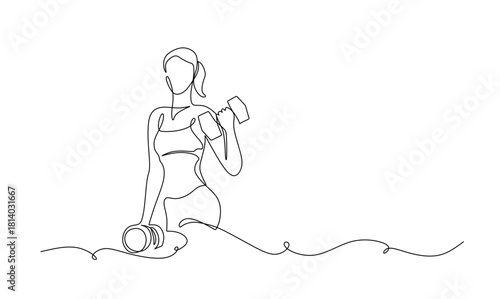 Women lifting weights in one continuous line Dynamic single line draw design vector illustration Editable stroke