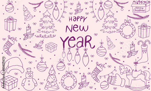 Hand drawn chalk vintage new year set. Whimsical Christmas dinner table decor candles, charcuterie, wine or champagne. Retro vintage ink holiday menu elements. La dolce vita vector illustration