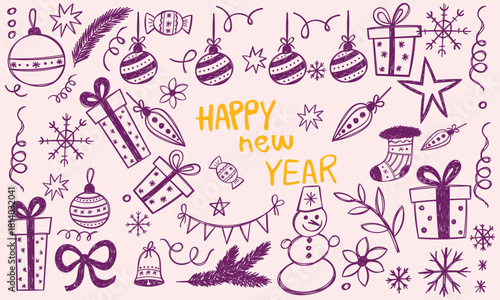 Hand drawn chalk vintage new year set. Whimsical Christmas dinner table decor candles, charcuterie, wine or champagne. Retro vintage ink holiday menu elements. La dolce vita vector illustration