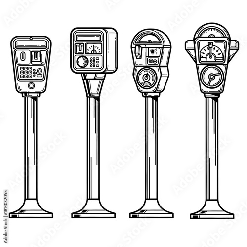 A collection of four parking meters, from vintage mechanical to modern digital, in a black and white line art illustration style.