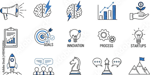 Vector Illustration of Business, Technology, and Success Icons Set. Modern Line Art for Strategy, Growth, and Innovation Concepts.