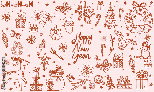 Hand drawn chalk vintage new year set. Whimsical Christmas dinner table decor candles, charcuterie, wine or champagne. Retro vintage ink holiday menu elements. La dolce vita vector illustration