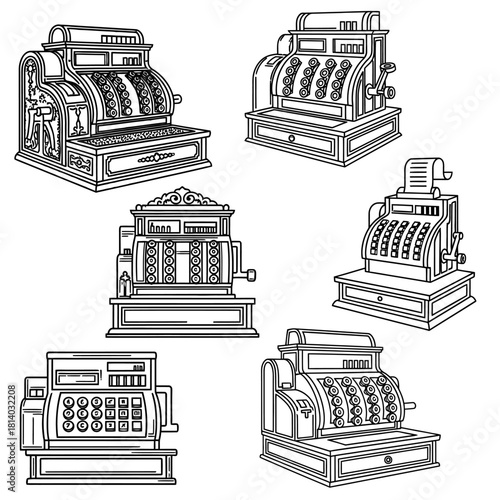 Ornate vintage cash register collection with manual cranks and keypads, black line art illustration set.