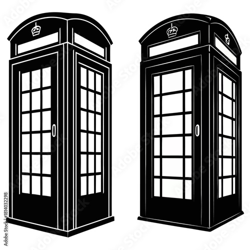 Two classic British telephone booths in a bold black and white vector silhouette style.